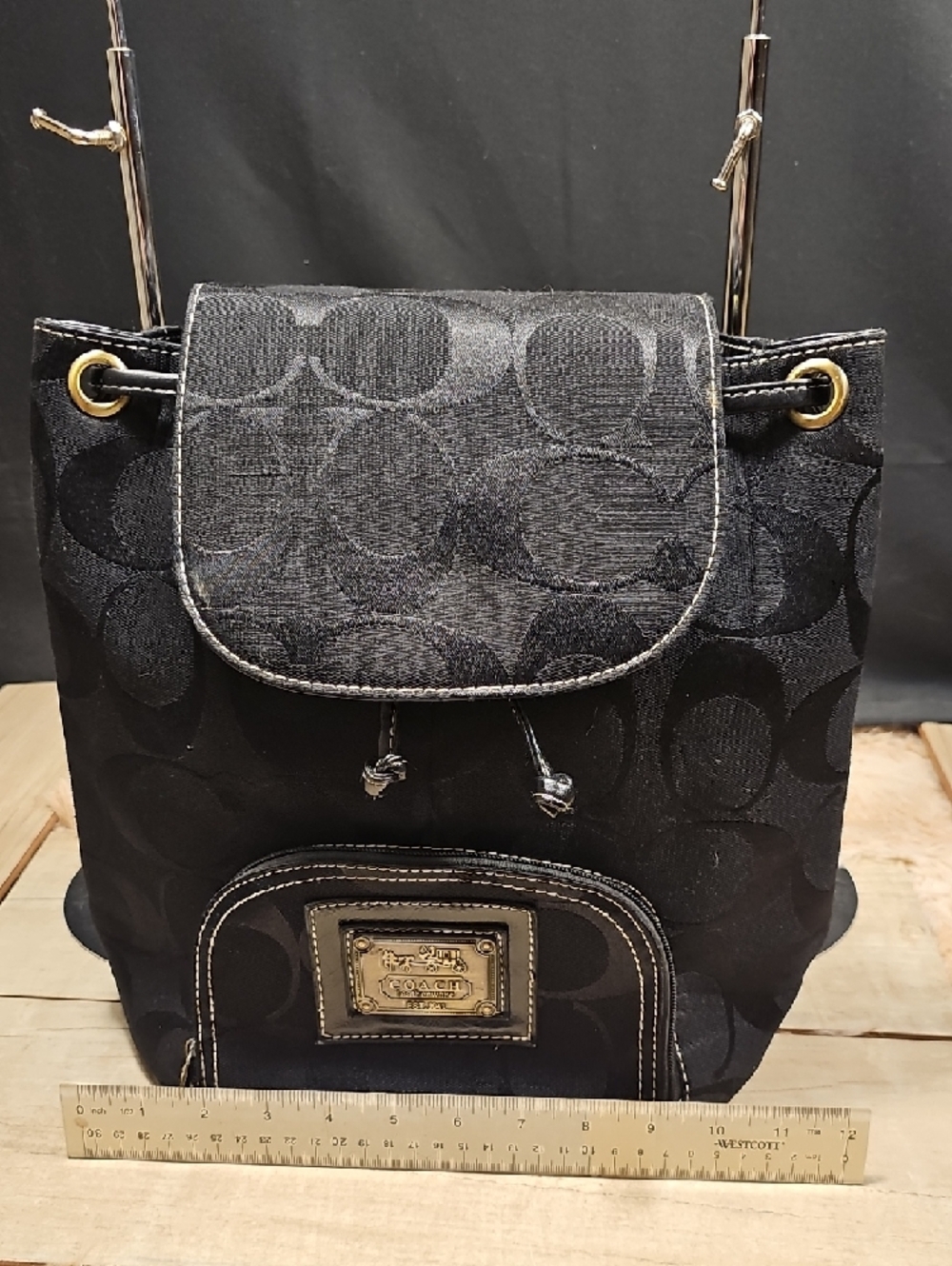Coach Black Signature Drawstring Backpack with Gold-Tone Accents - Picture 7 of 9